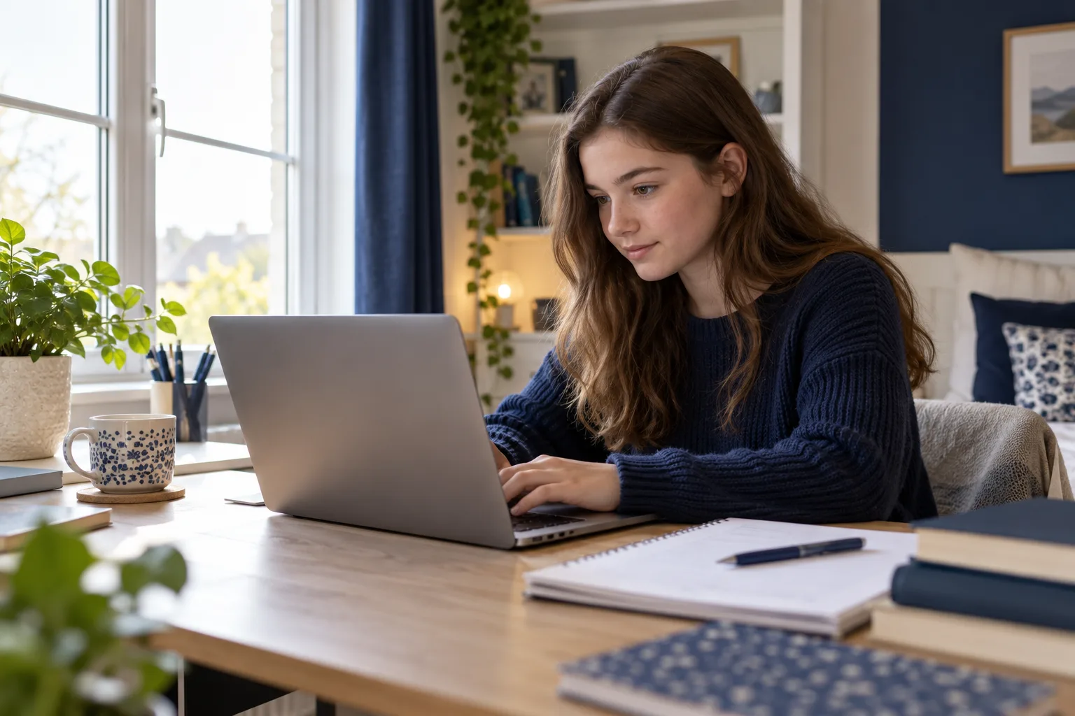 Teenage student studying at home on a laptop